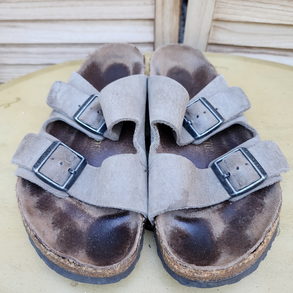 Birkenstock Sz 40 Taupe Suede Arizona Double Strap Sandals Slide Comfort Granola
